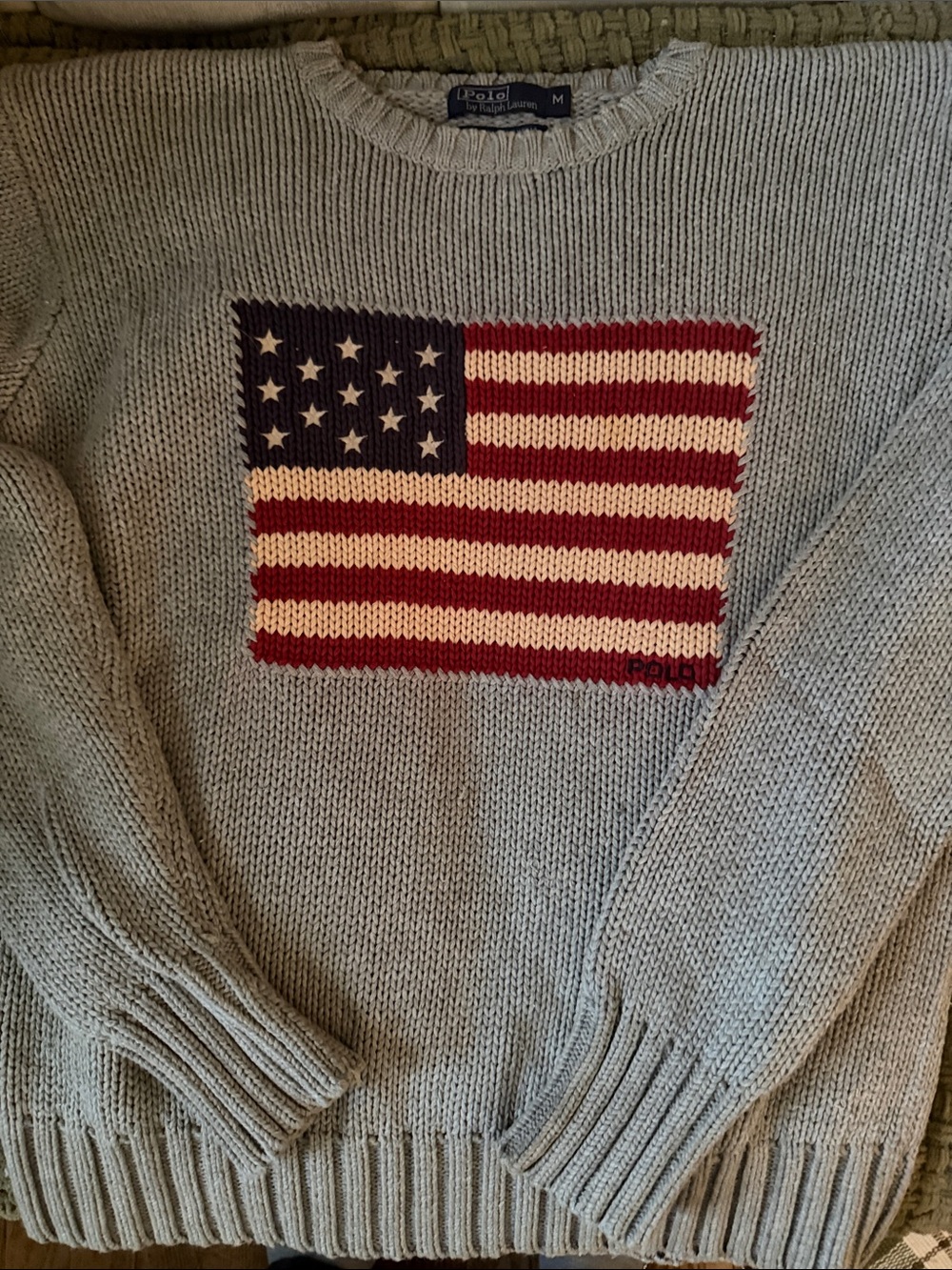 Polo by Ralph Lauren Light Gray Crewneck Sweater with American Flag Knit